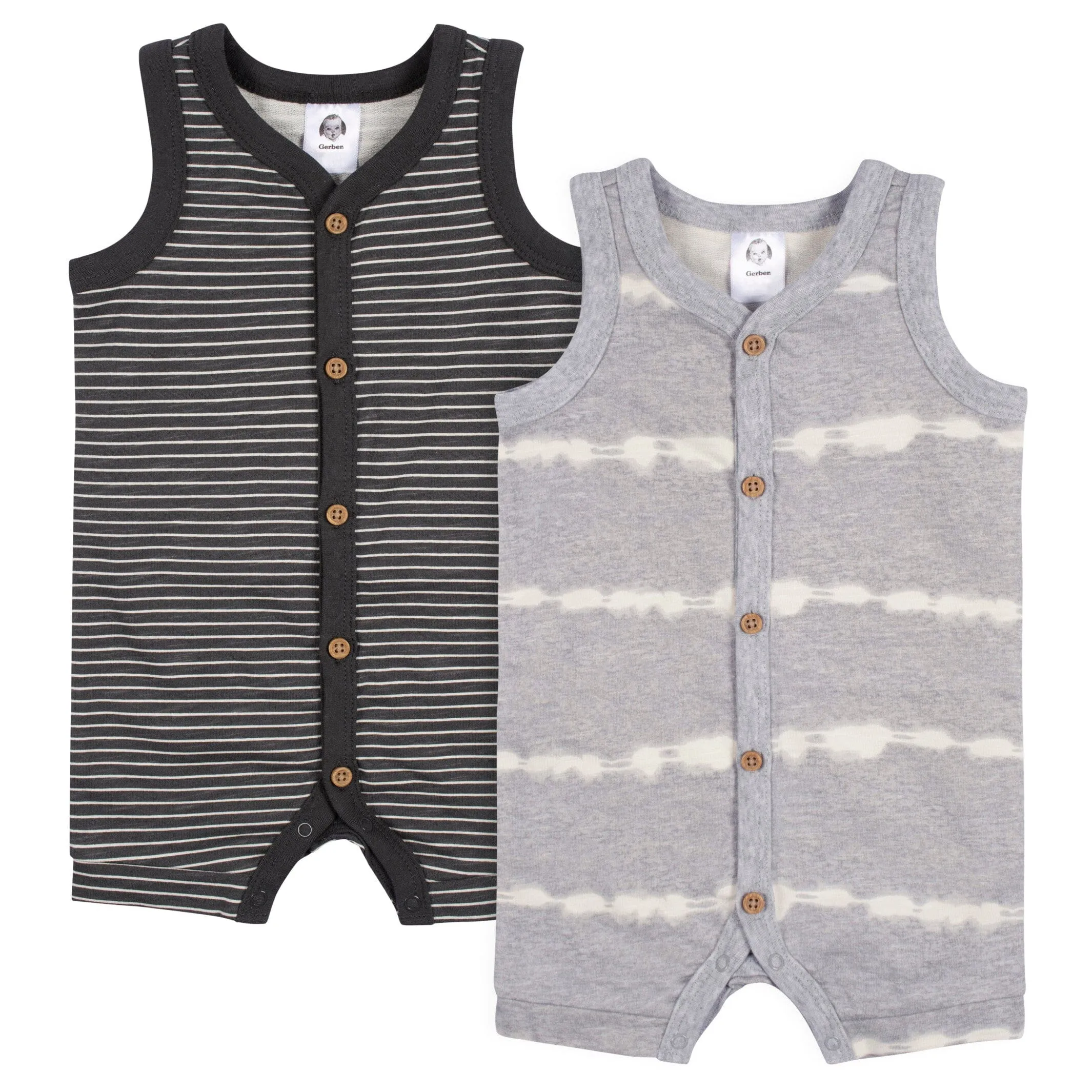 2-Pack Baby Boys Heather Gray Tie Dye & Striped Short Leg Sleeveless Romper