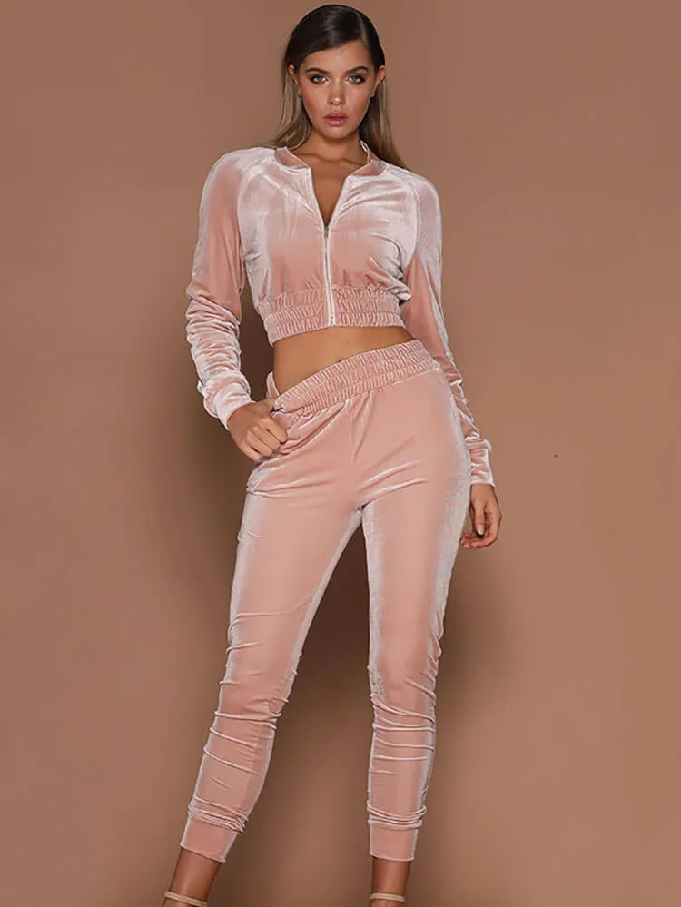 2 Piece Velour Long Sleeve Crop Jacket & Capri Pants