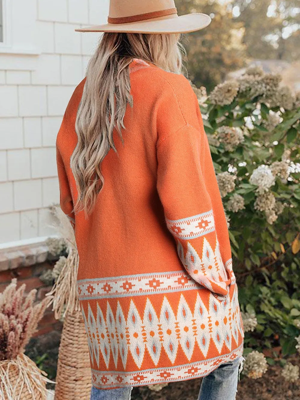 Aztec Print Orange Knit Duster Cardigan with Open Front