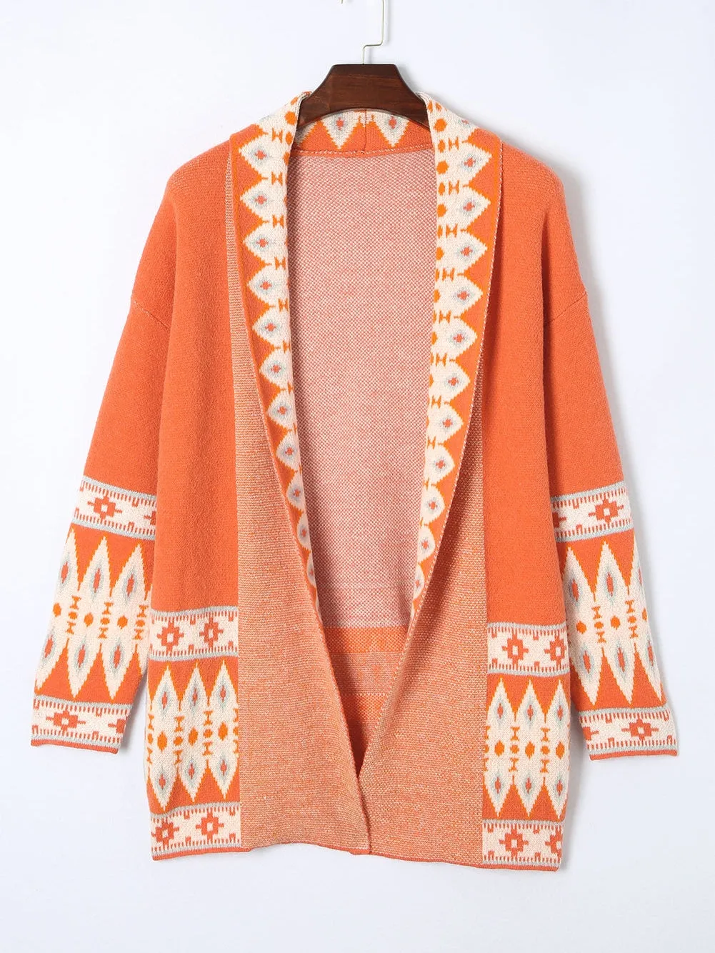 Aztec Print Orange Knit Duster Cardigan with Open Front