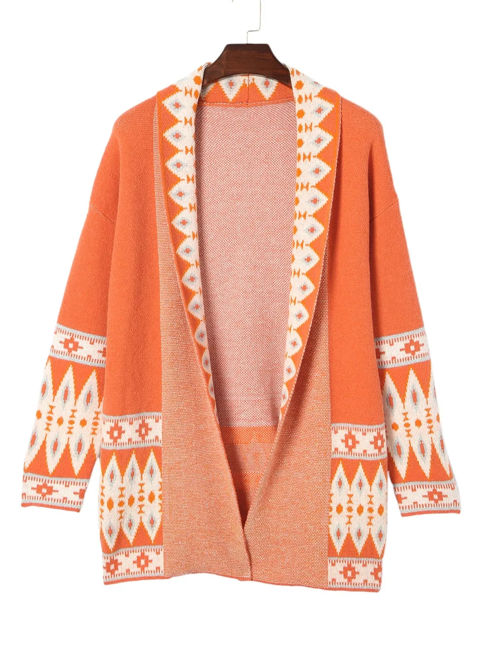 Aztec Print Orange Knit Duster Cardigan with Open Front