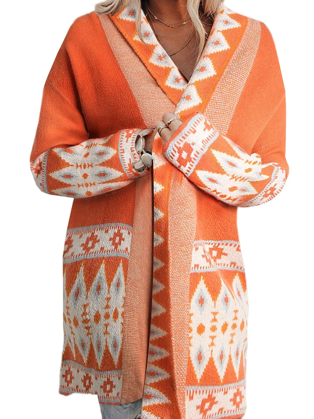 Aztec Print Orange Knit Duster Cardigan with Open Front