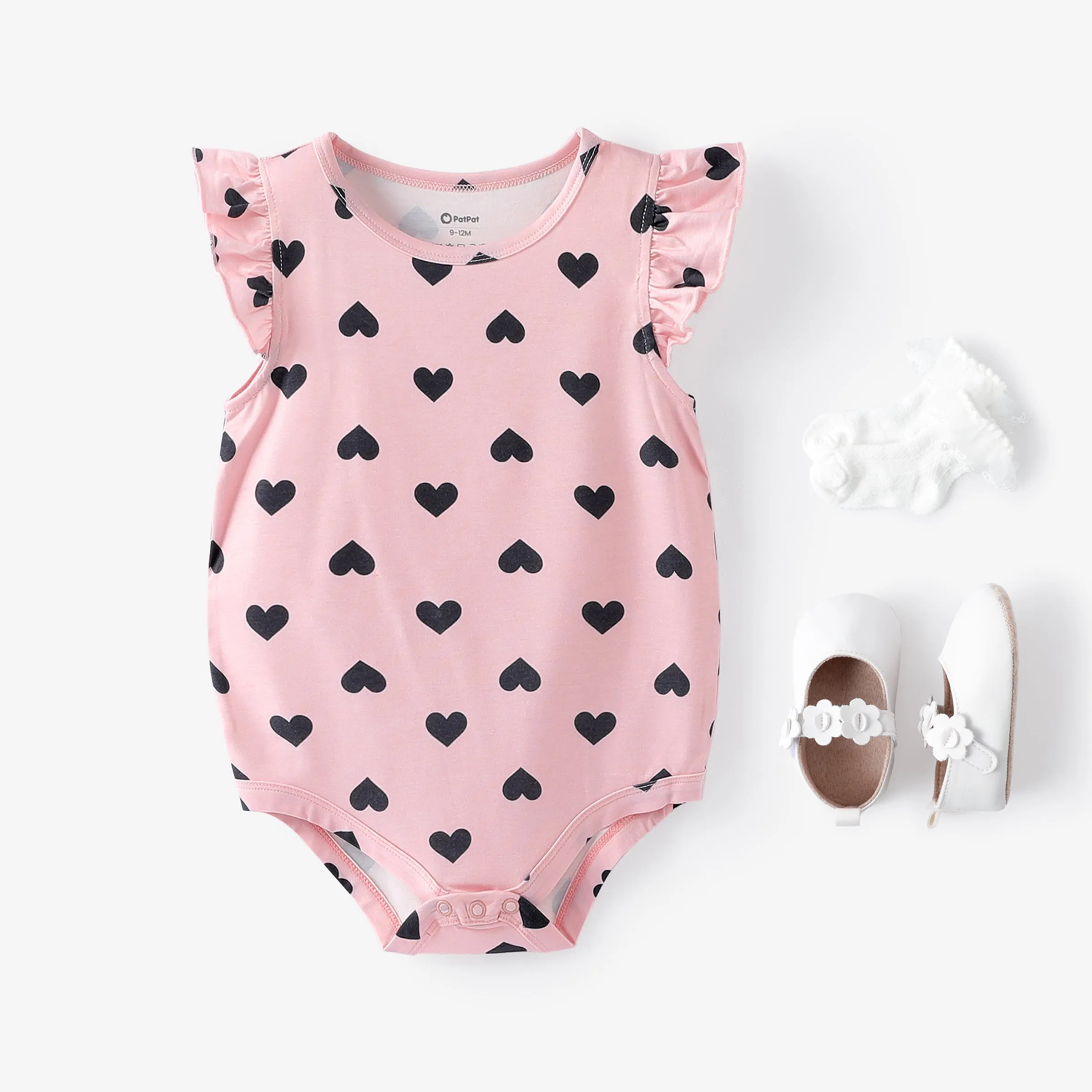 Baby Girl Naia™ Heart Print Flutter-sleeve Rompers