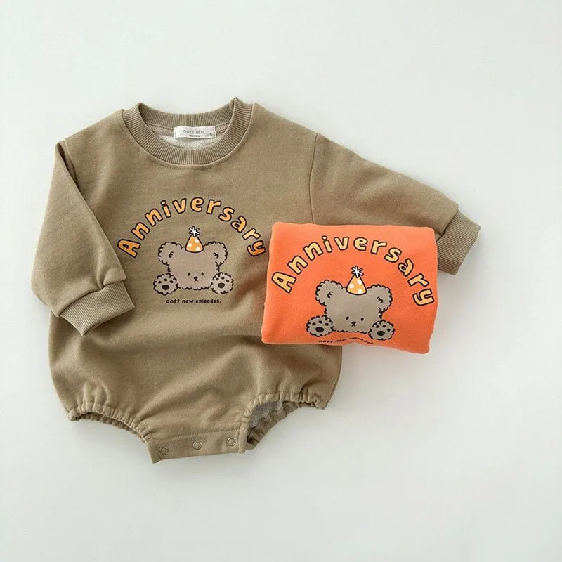 Baby's Cartoon Bear Print Design Long Sleeve Rompers