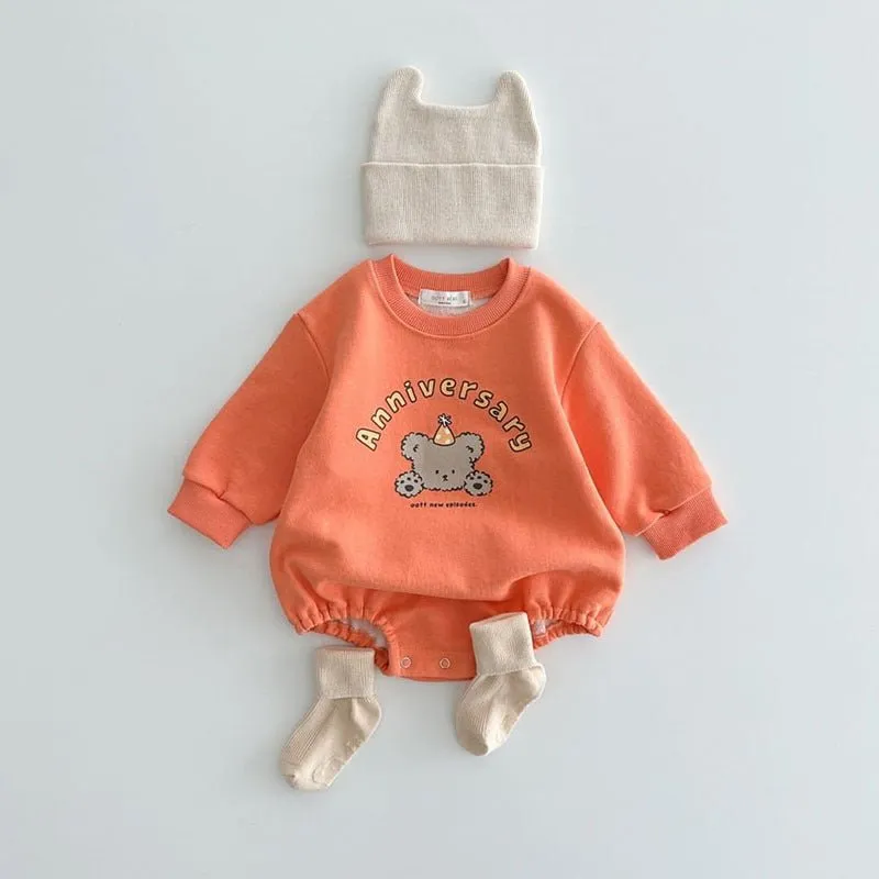 Baby's Cartoon Bear Print Design Long Sleeve Rompers