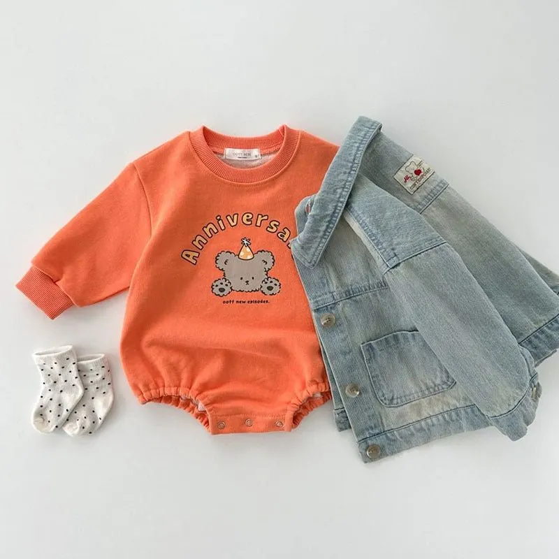 Baby's Cartoon Bear Print Design Long Sleeve Rompers