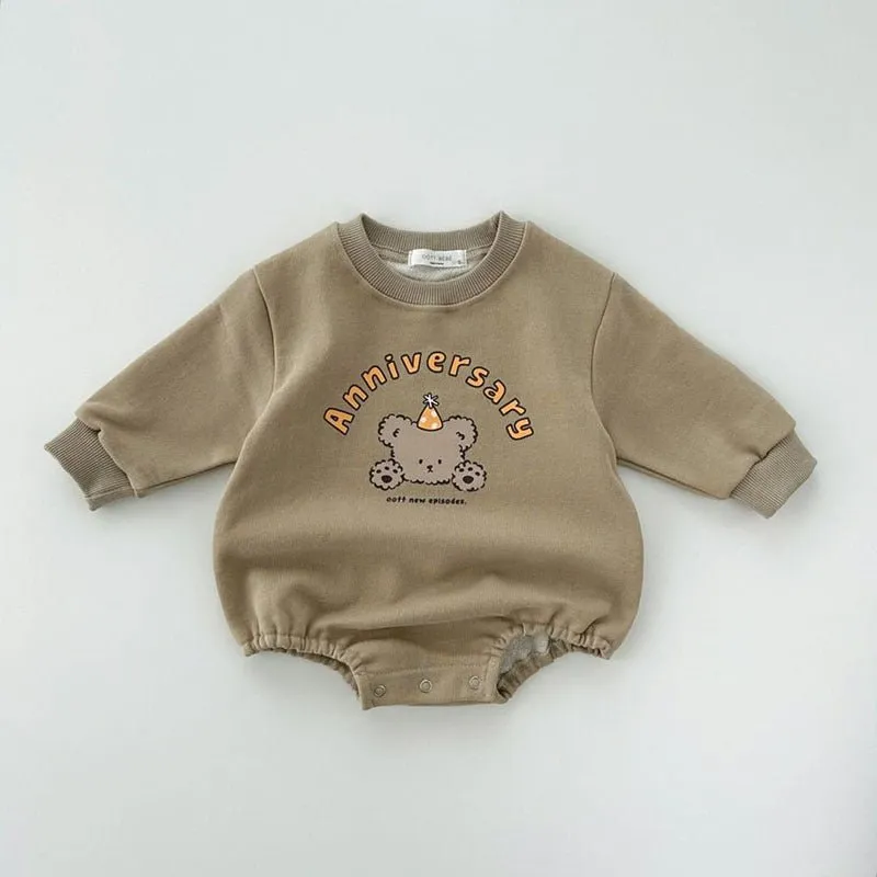 Baby's Cartoon Bear Print Design Long Sleeve Rompers