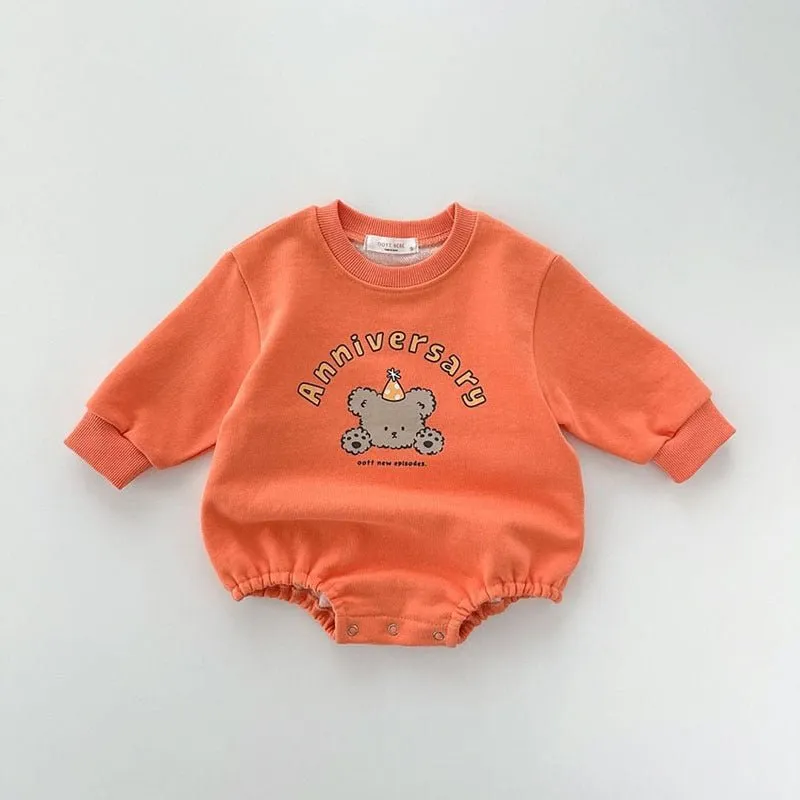 Baby's Cartoon Bear Print Design Long Sleeve Rompers