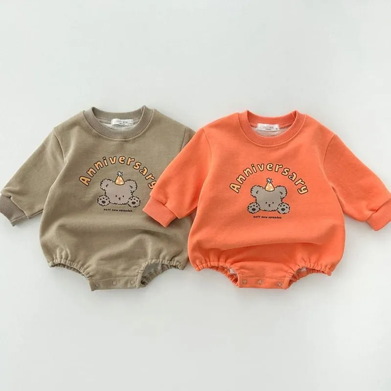 Baby's Cartoon Bear Print Design Long Sleeve Rompers