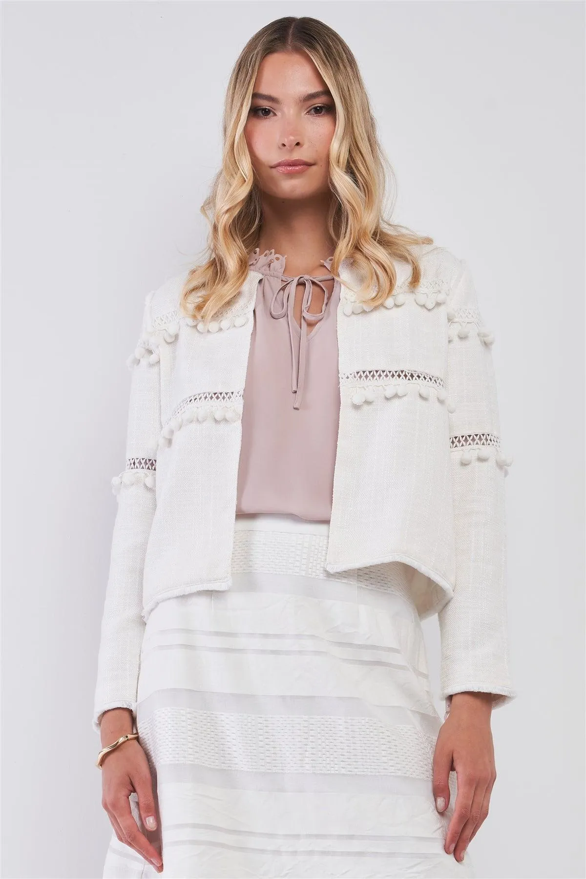 Boho White Tweed Round Neck Long Sleeve Pom Pom Trim Detail Open Front Jacket /1-2-2-1