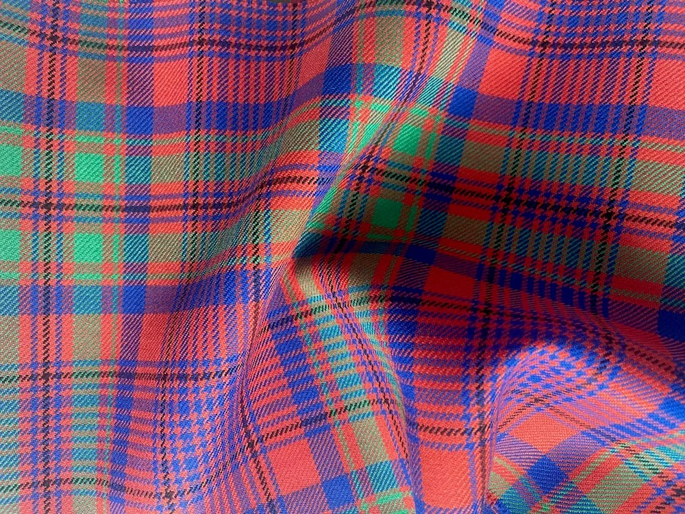 Burnt Orange, Cobalt & Grass Green Virgin Wool Twill Tartan Plaid (Made in Italy)