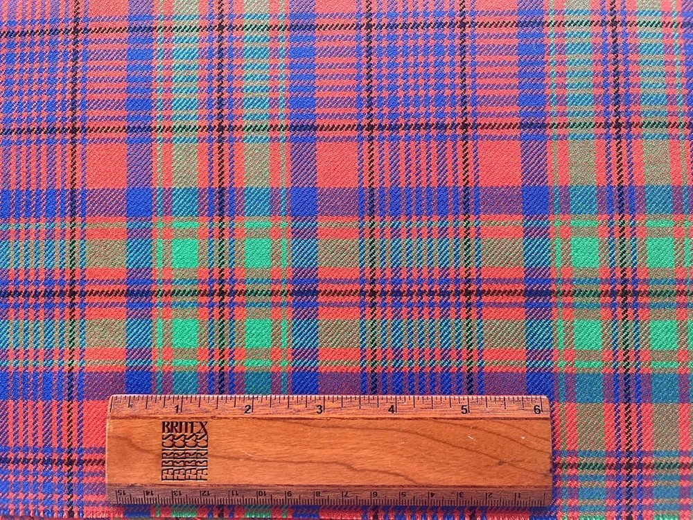 Burnt Orange, Cobalt & Grass Green Virgin Wool Twill Tartan Plaid (Made in Italy)