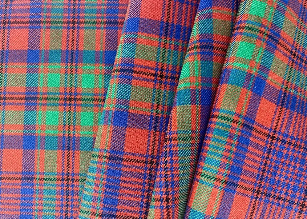 Burnt Orange, Cobalt & Grass Green Virgin Wool Twill Tartan Plaid (Made in Italy)