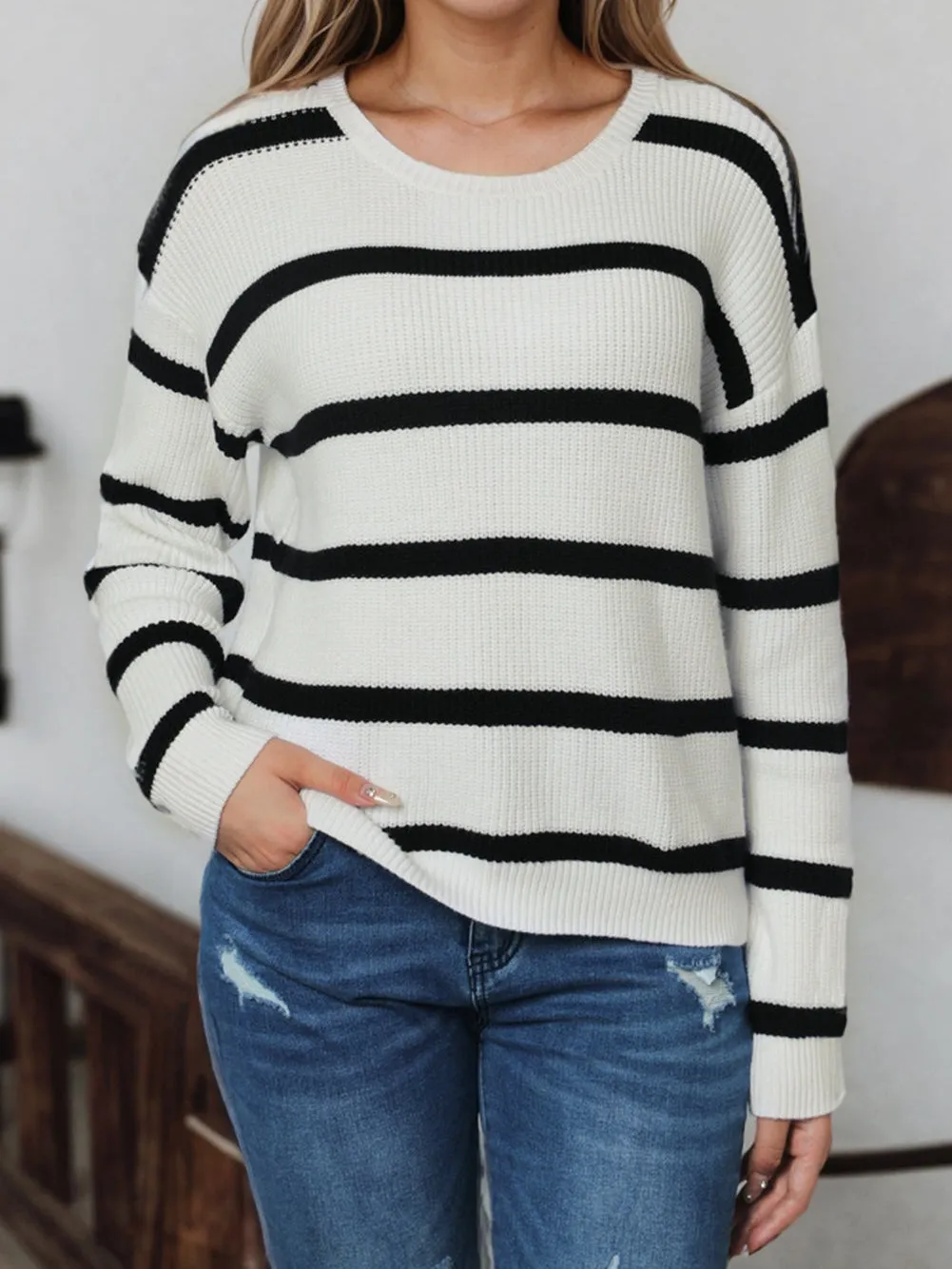 Button-Up Striped Knit Sweater