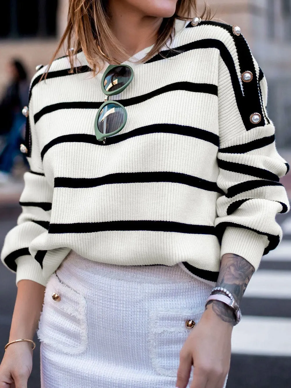 Button-Up Striped Knit Sweater