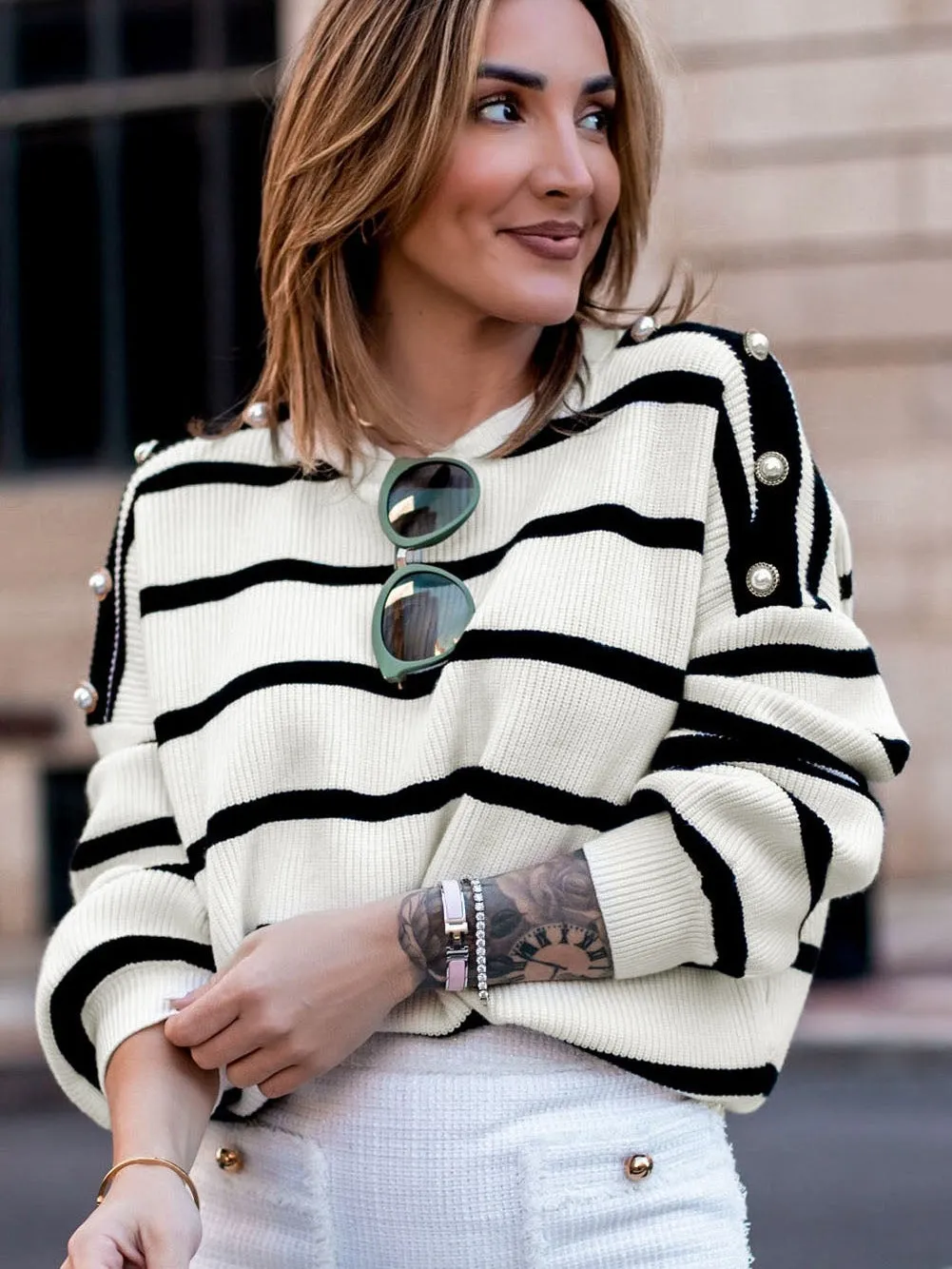 Button-Up Striped Knit Sweater