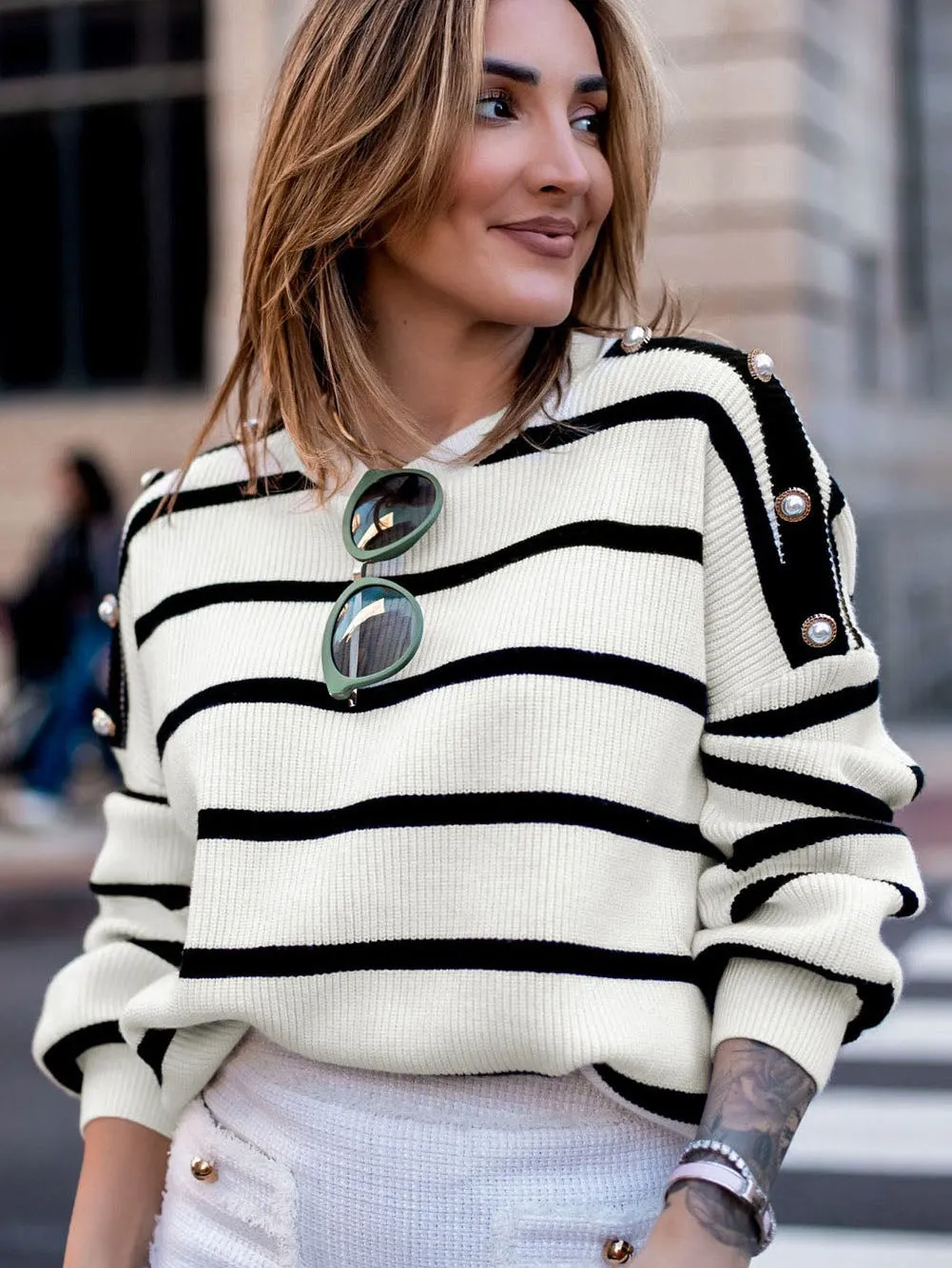 Button-Up Striped Knit Sweater