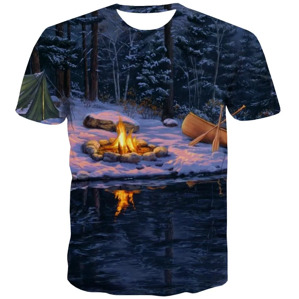 Camping T shirts Men Sunset Tshirts Casual Forest Shirt Print Flame T-shirts 3d