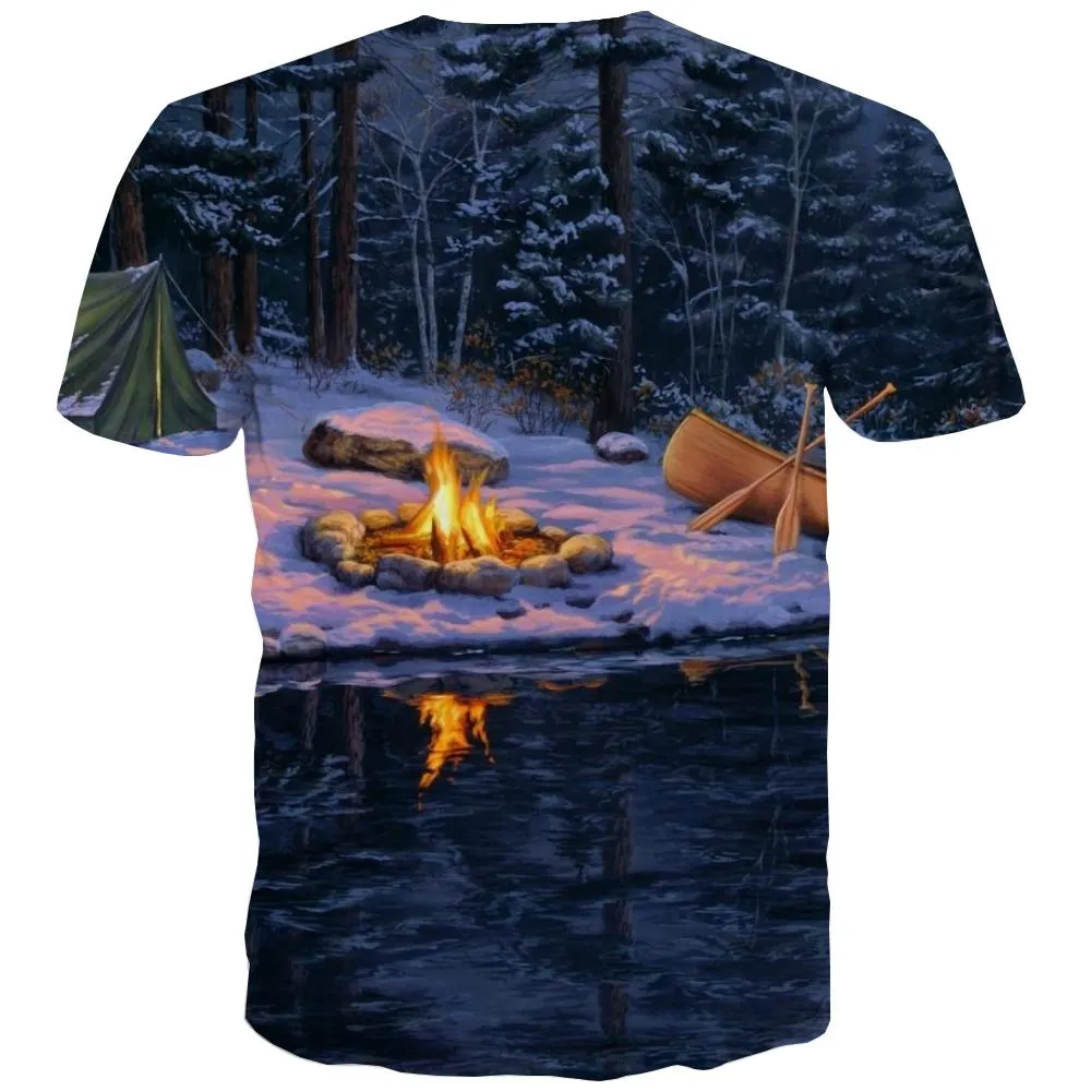 Camping T shirts Men Sunset Tshirts Casual Forest Shirt Print Flame T-shirts 3d