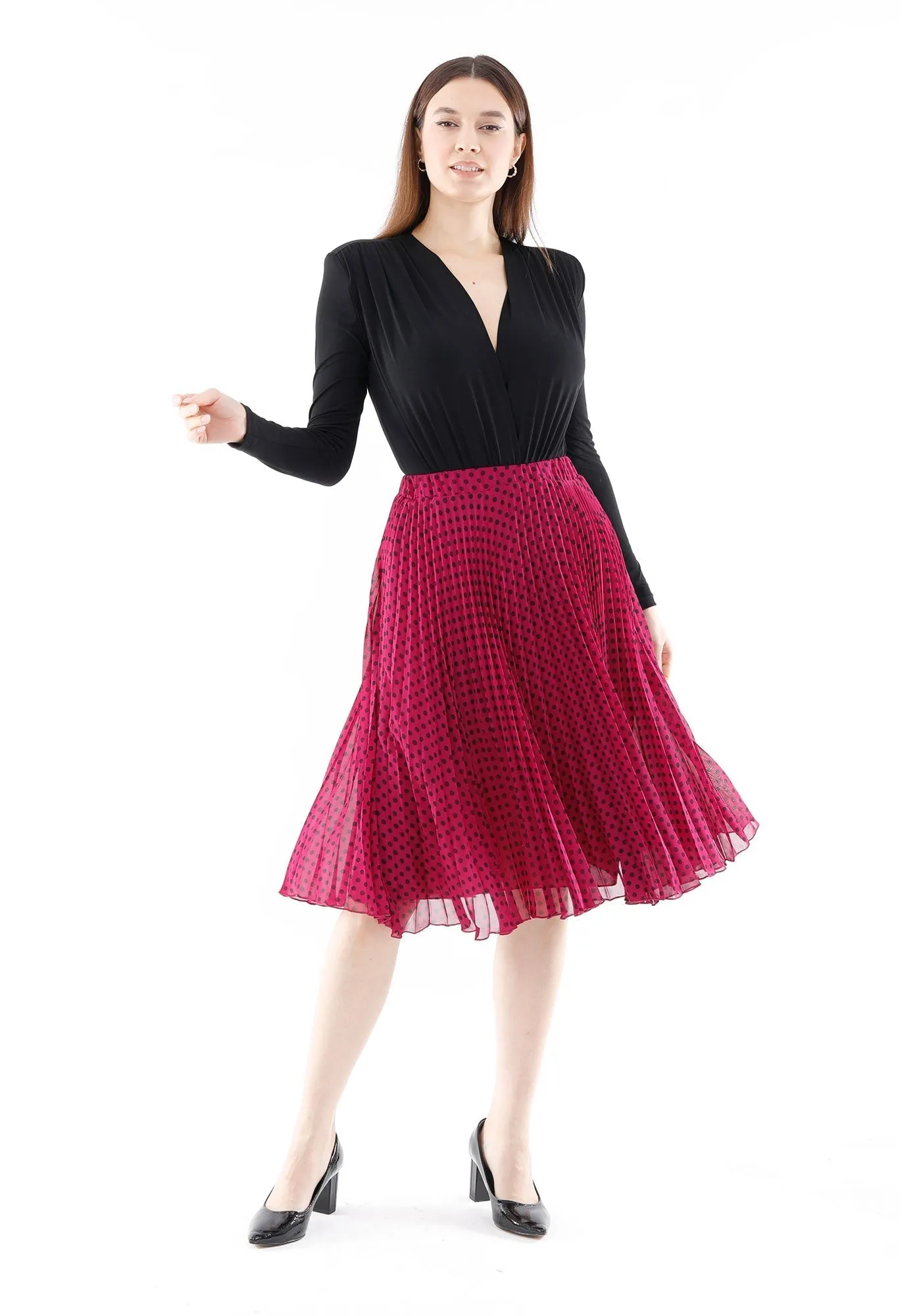 Chiffon Polka Dot Pattern Pleated Midi Skirt