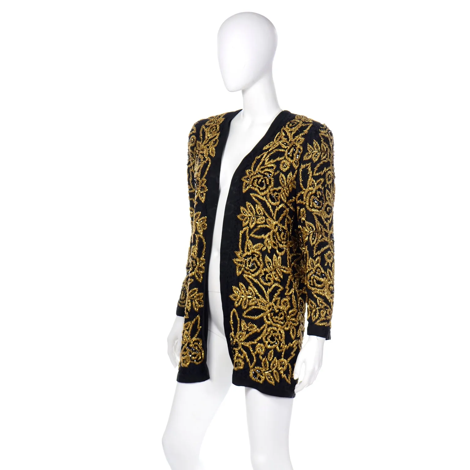 Diane Freis Vintage Gold Heavily Beaded Embroidered Black Jacket