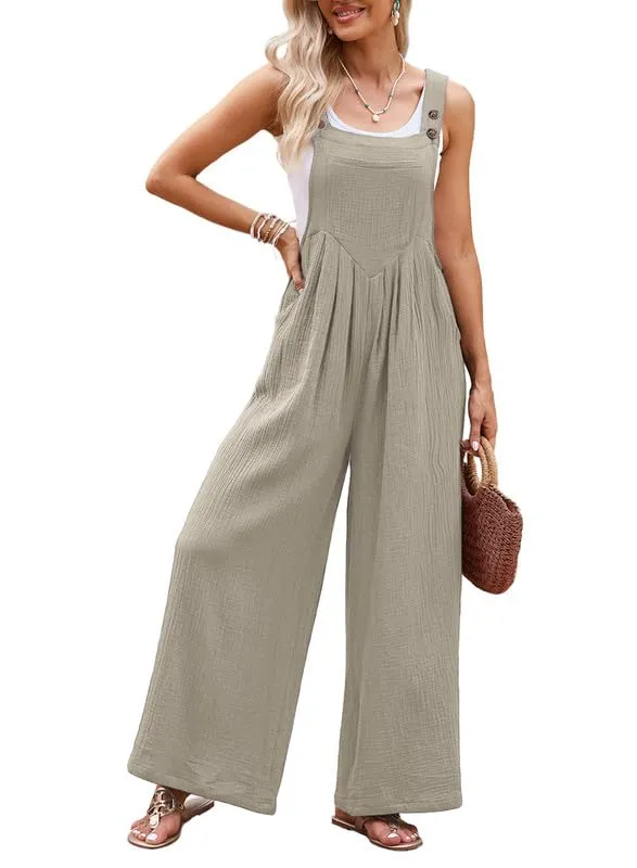 Dokotoo Womens Casual Loose Overalls One Piece Sleeveless Jumpsuits for Women Stretchy Wide Leg Loose Fit Adjustable Straps Long Pant Rompers Jumpsuit with Pockets Small Khaki