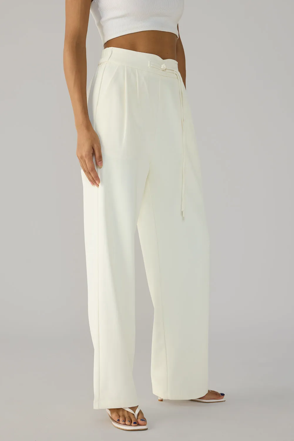 Egret White Knotted Waist Korean Pants