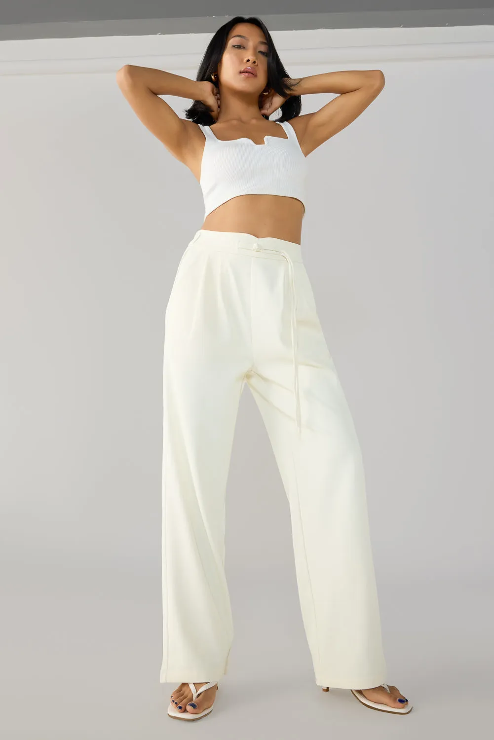 Egret White Knotted Waist Korean Pants