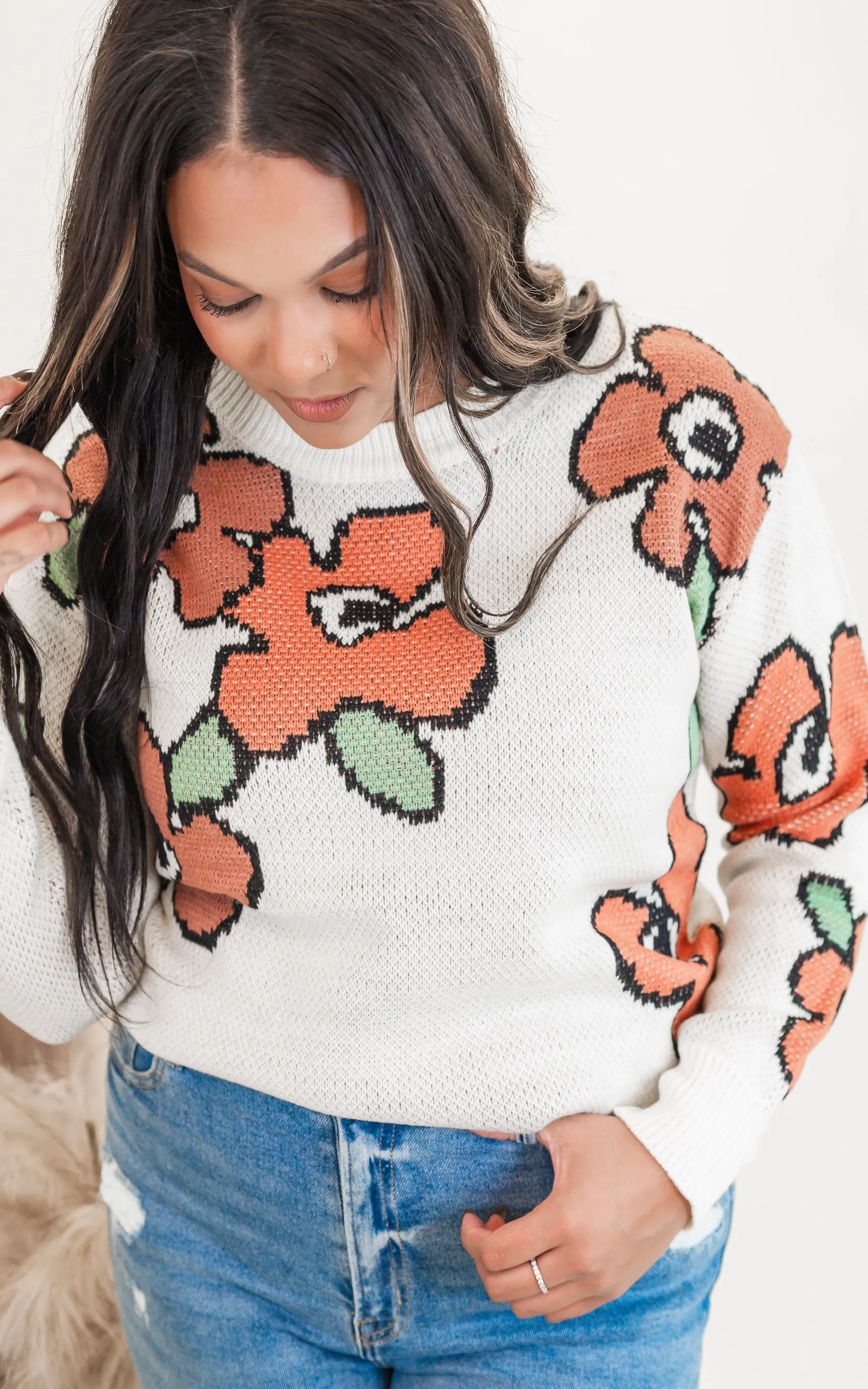 Flower Jacquard Pullover Knit Sweater