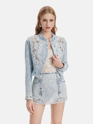 French Lace Embroidered Denim Jacket