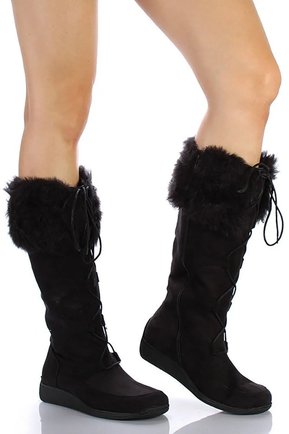 Fur Cuff Lace-up Vegan Mocassin Eskimo Winter Boots