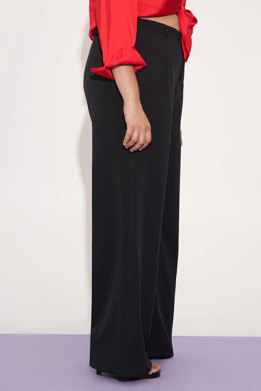 Glossy Black Curve Wide Leg Adjustable Korean Pants