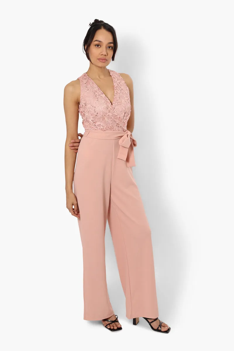 Limite Belted Lace Sequin Jumpsuit - Pink