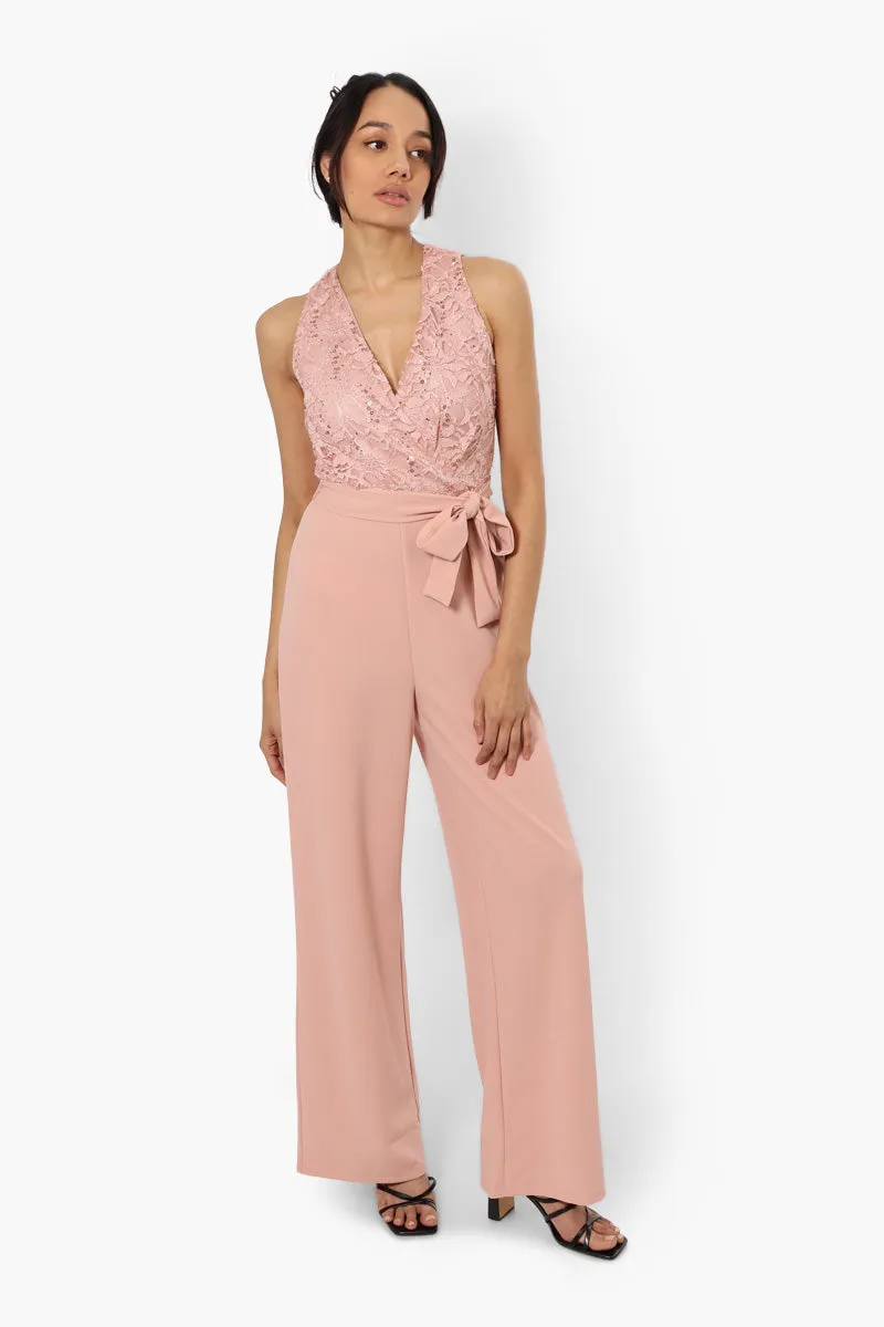 Limite Belted Lace Sequin Jumpsuit - Pink