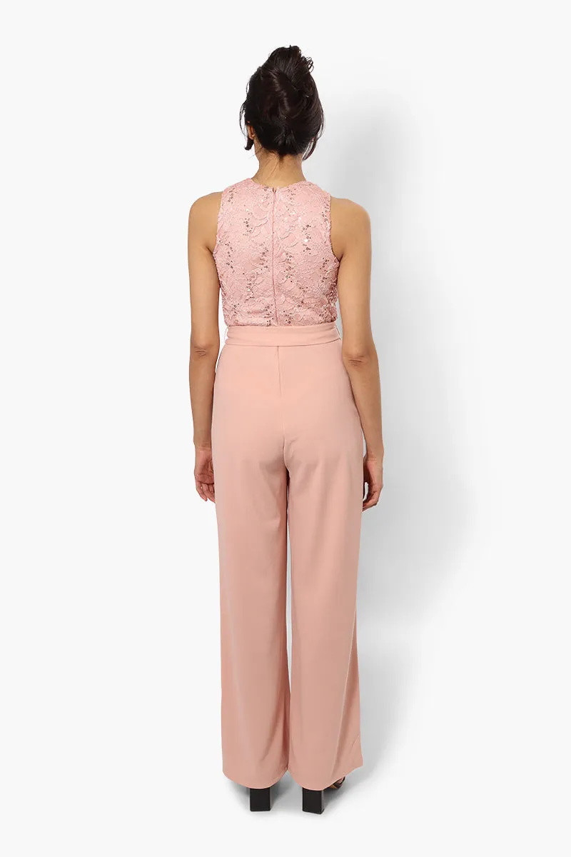 Limite Belted Lace Sequin Jumpsuit - Pink