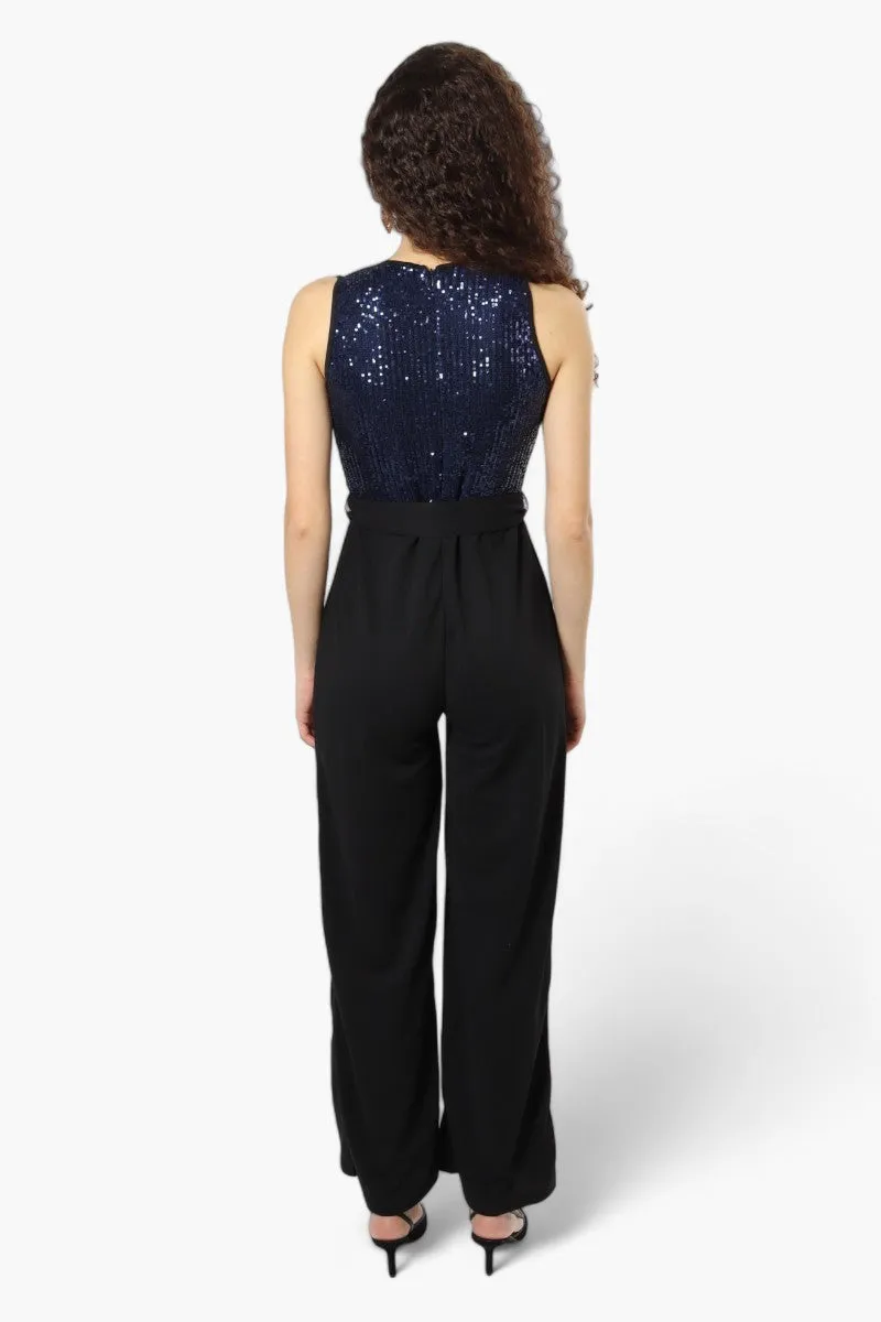 Limite Belted Sequin Top Jumpsuit - Navy