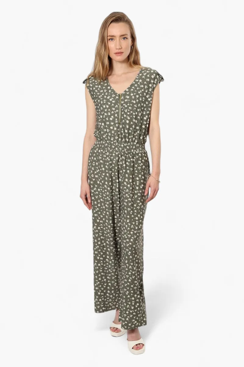 Limite Floral Front Zip Jumpsuit - Olive