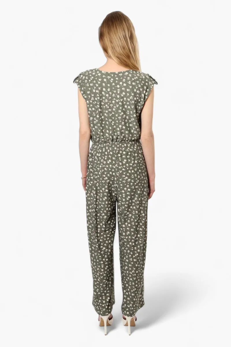 Limite Floral Front Zip Jumpsuit - Olive