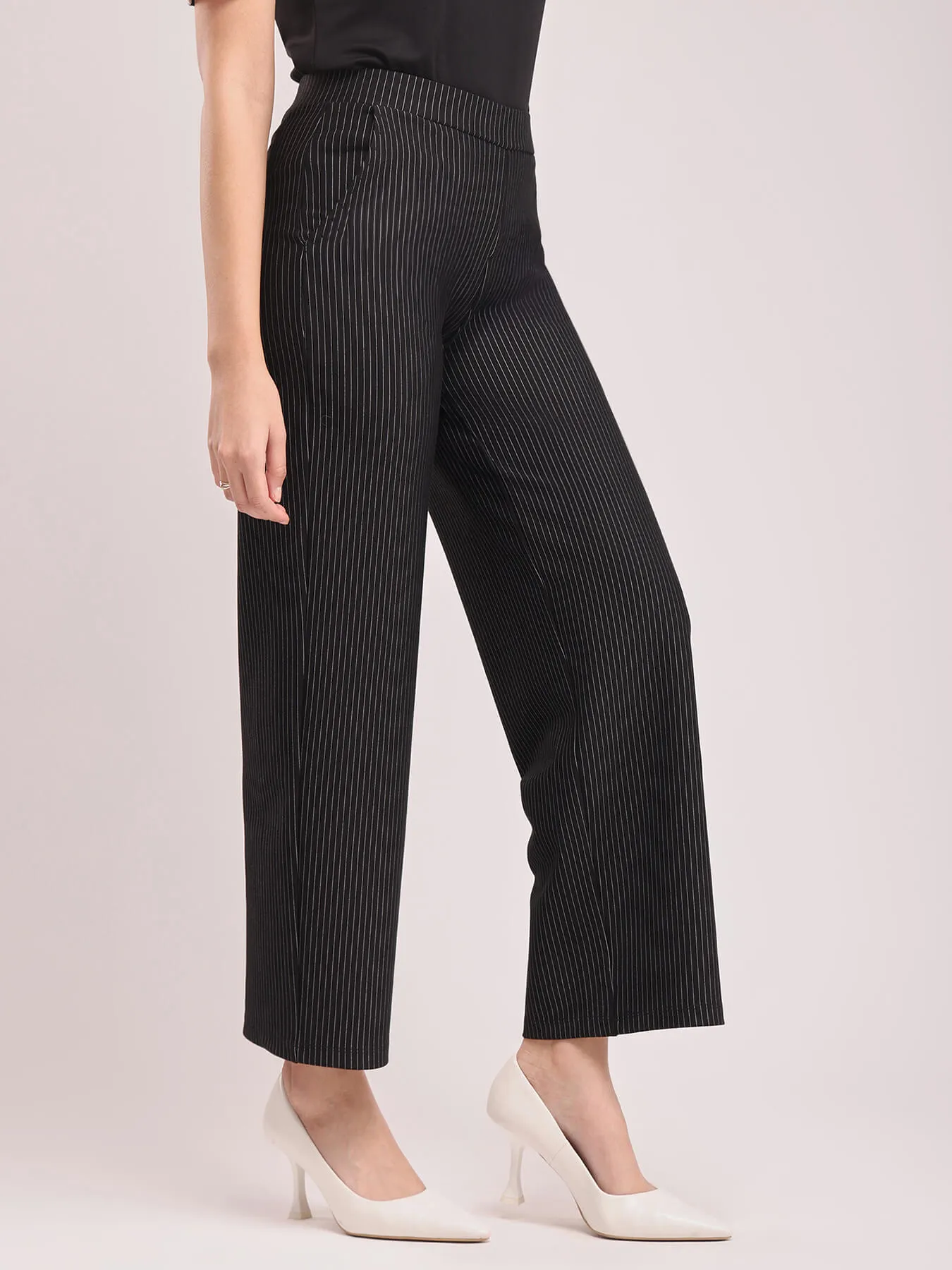 LivIn Striped Wide Leg Pants - Black