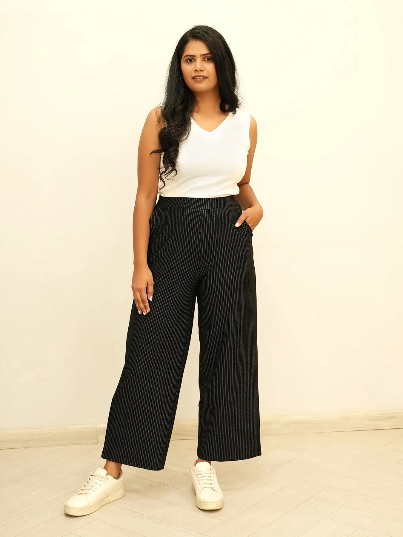 LivIn Striped Wide Leg Pants - Black