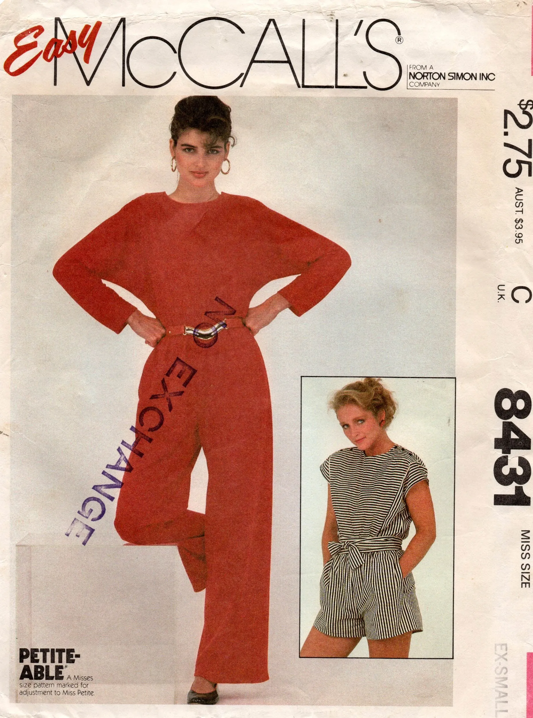 McCall's 8431 Womens EASY Shoulder Buttoned Jumpsuit & Rompers 1980s Vintage Sewing Pattern Size XS