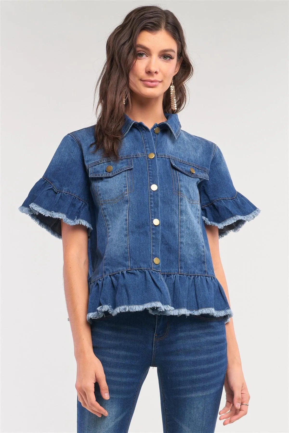 Medium Blue Washed Denim Effect Short Sleeve Button-Down Front Flare Shredded Hem Shirt Jacket /2-1-3