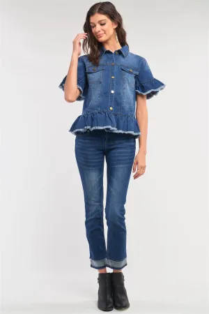 Medium Blue Washed Denim Effect Short Sleeve Button-Down Front Flare Shredded Hem Shirt Jacket /2-1-3