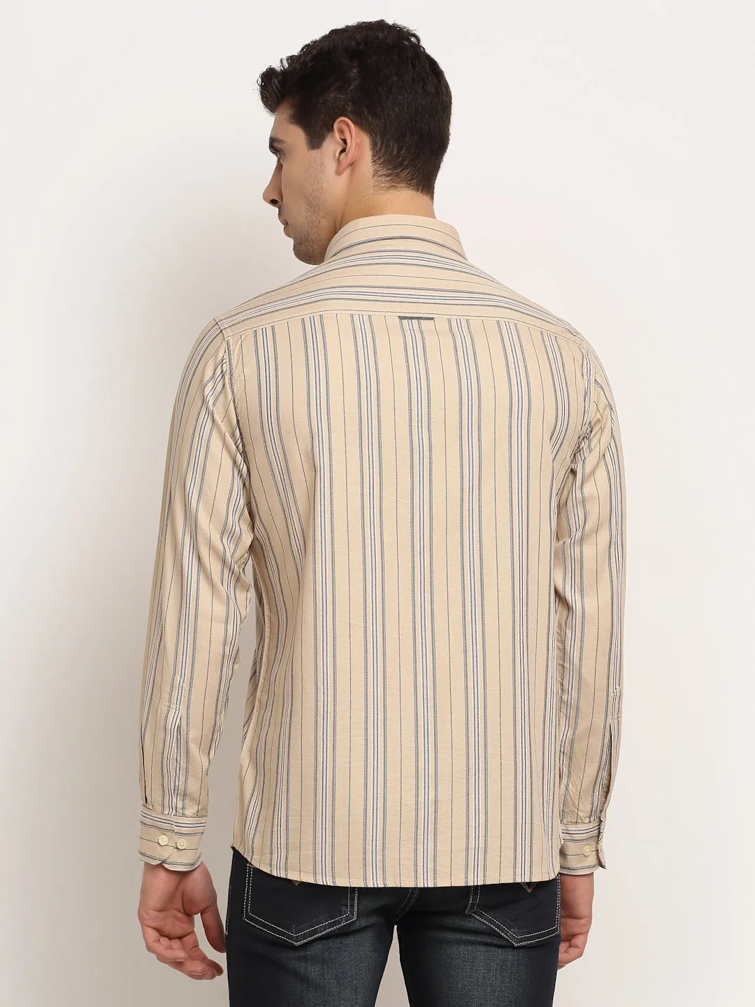 Men Cotton Striped Beige Full Sleeve Casual Shirt for Men with Pocket