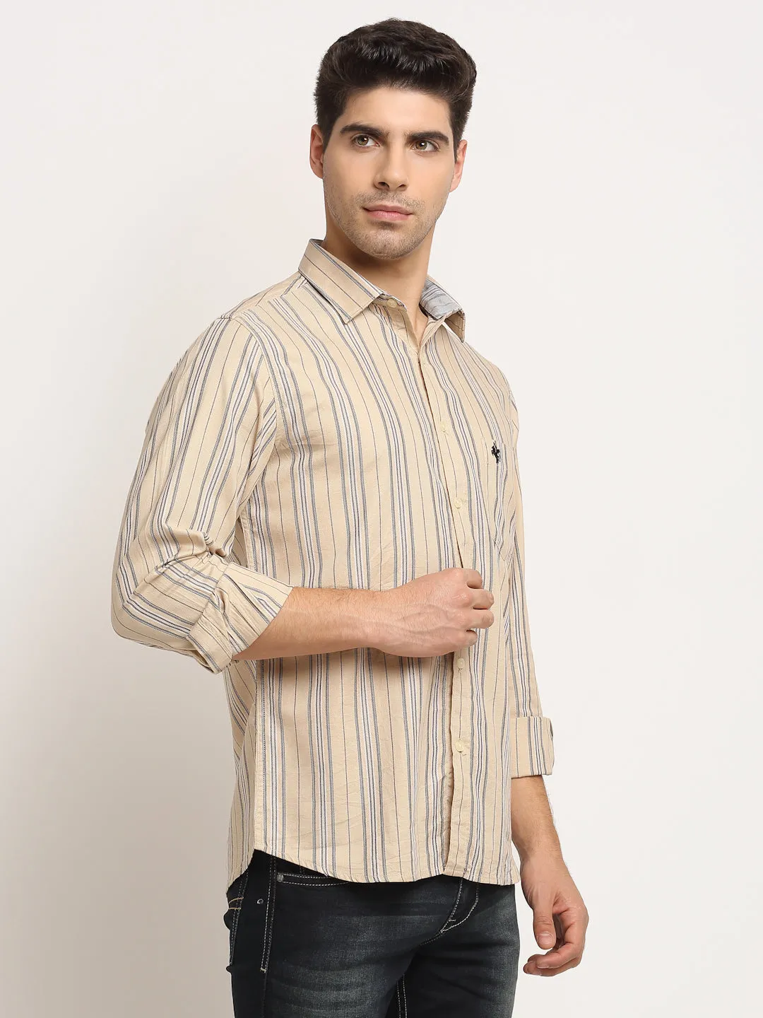 Men Cotton Striped Beige Full Sleeve Casual Shirt for Men with Pocket