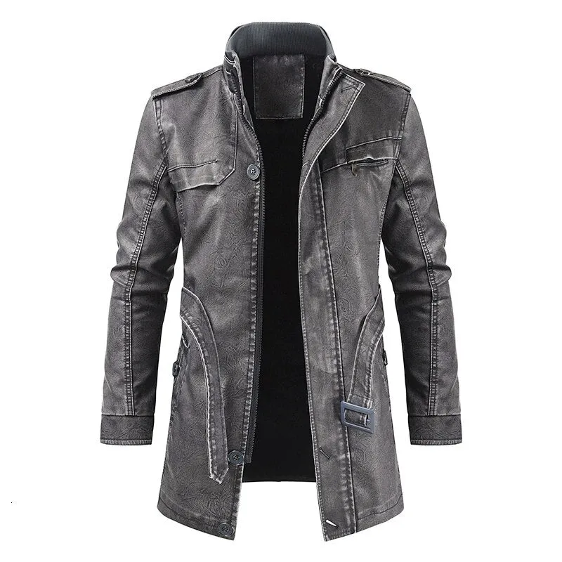 Men Winter Brand New Long Thick Fleece Leather Jacket Parkas Men Outfit Fashion Warm Casual Vintage Faux Leather Jacket Coat Men