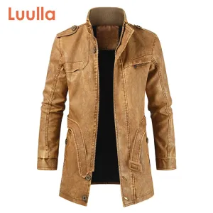 Men Winter Brand New Long Thick Fleece Leather Jacket Parkas Men Outfit Fashion Warm Casual Vintage Faux Leather Jacket Coat Men