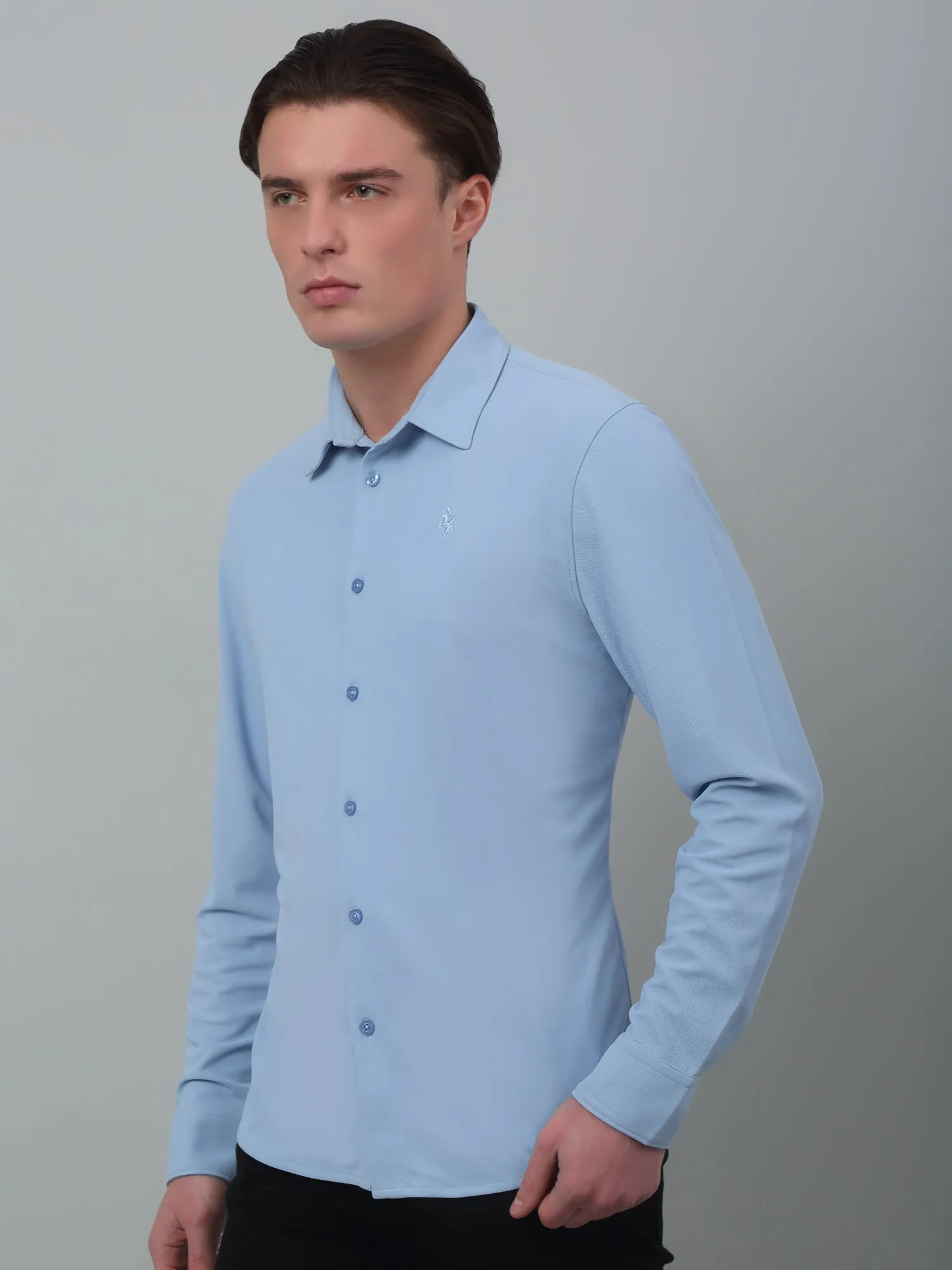 Men's Blue Casual Plain Stretch Full Sleeve Shirt