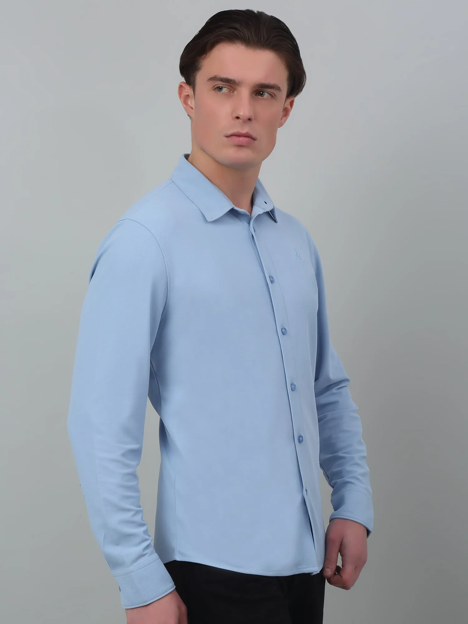 Men's Blue Casual Plain Stretch Full Sleeve Shirt