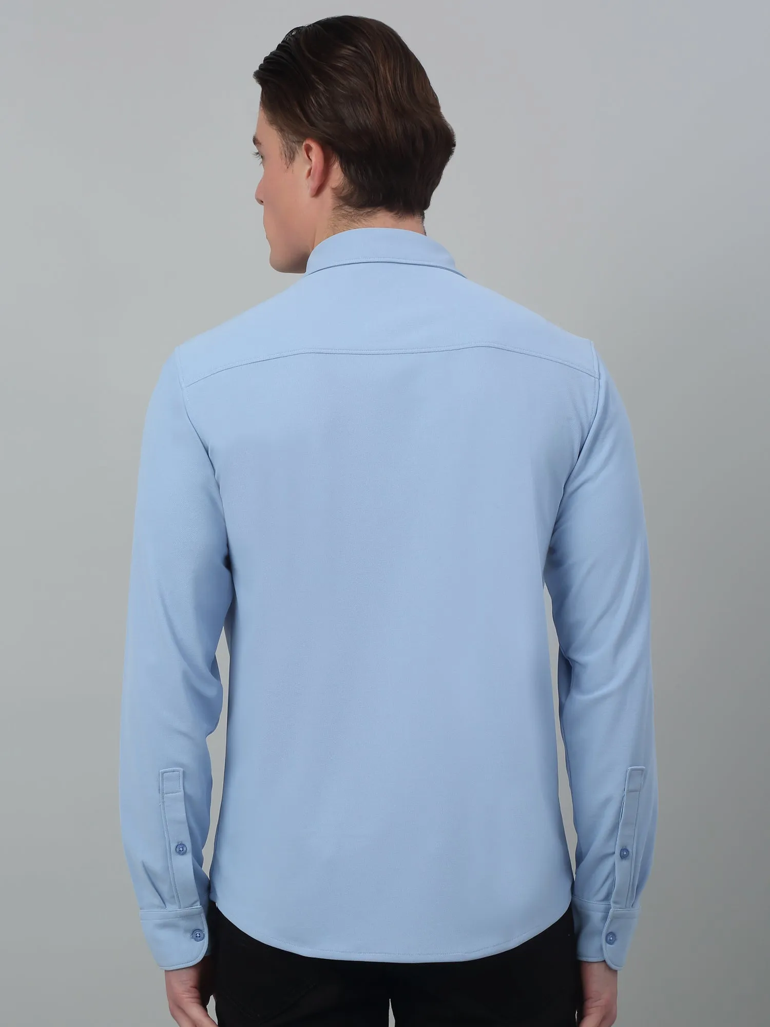 Men's Blue Casual Plain Stretch Full Sleeve Shirt